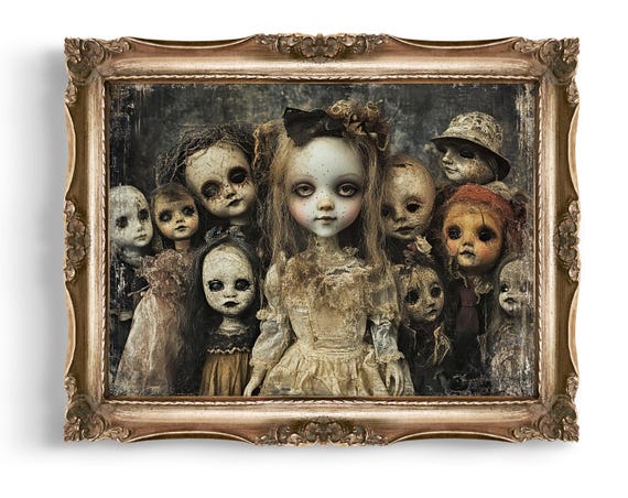Vintage Style Creepy Doll Wall Art Haunted Dolls Print Gothic Decor Spooky Halloween Disturbing Home