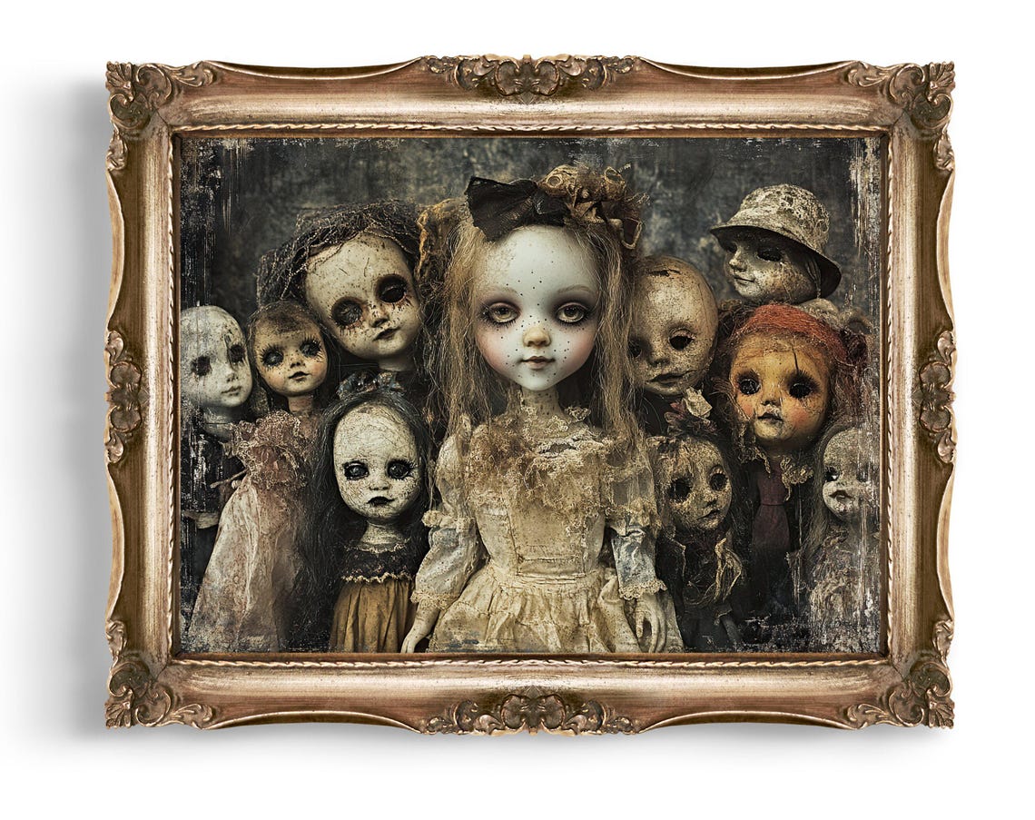 Vintage Style Creepy Doll Wall Art Haunted Dolls Print Gothic Decor Spooky Halloween Disturbing Home
