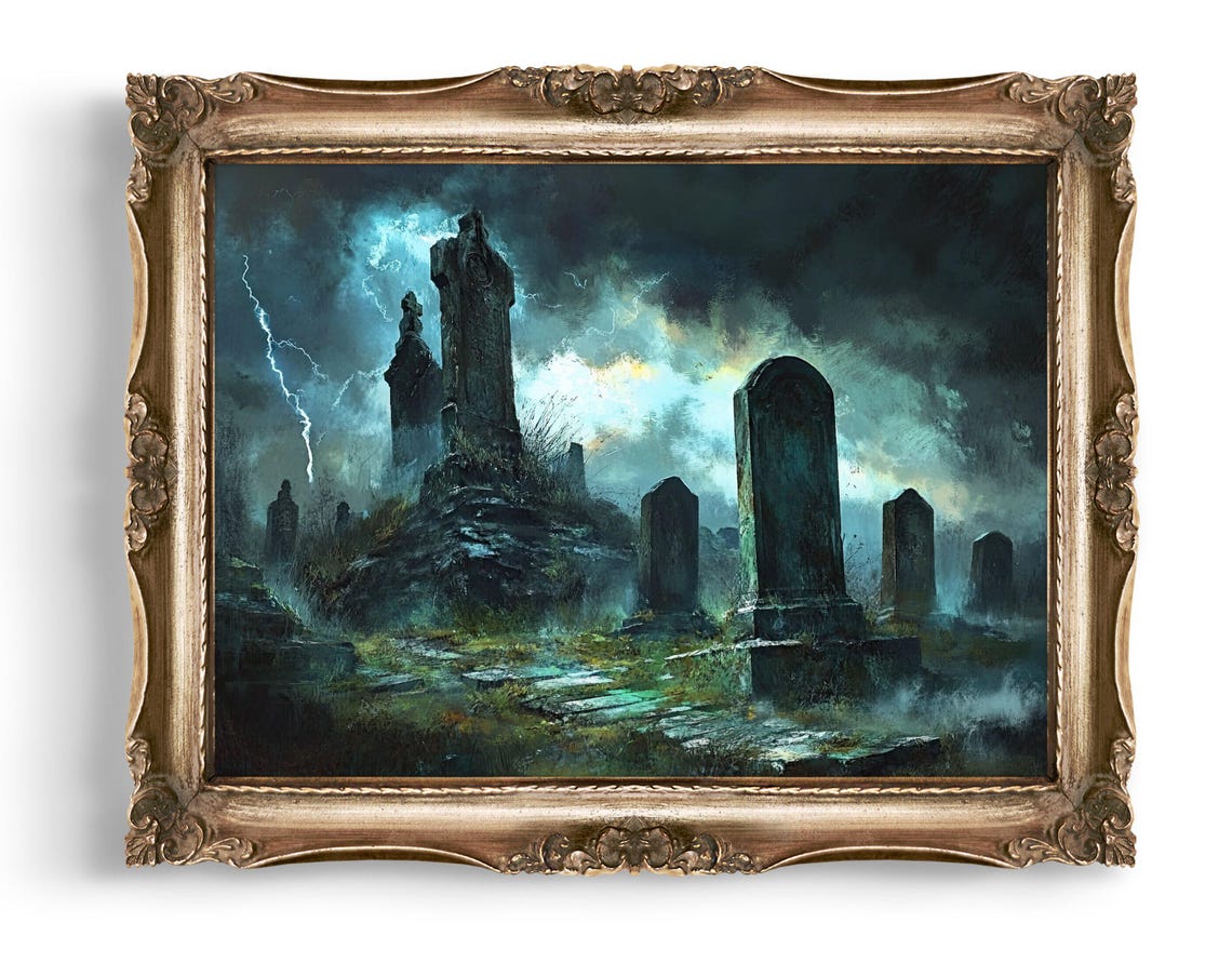 Vintage Creepy Graveyard Wall Art Stormy Cemetery Print Dark Landscape Gothic Decor Halloween Style