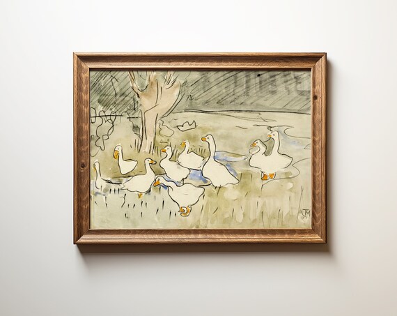 Vintage Nursery Geese Print Antique Farm Room Art Goose Painting