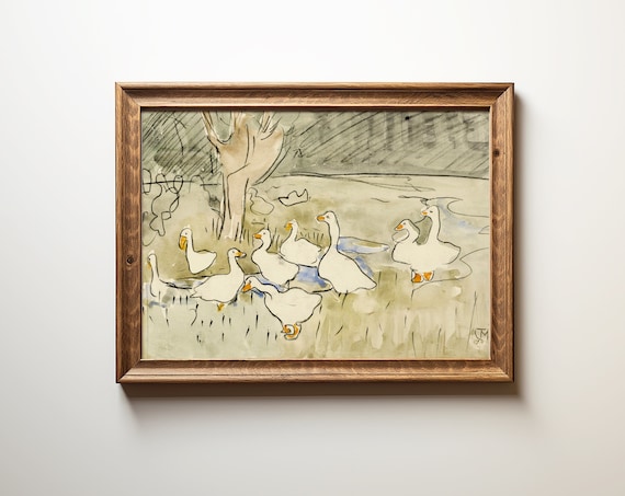 Vintage White Geese Watercolor Farm Animal Nursery Art Print