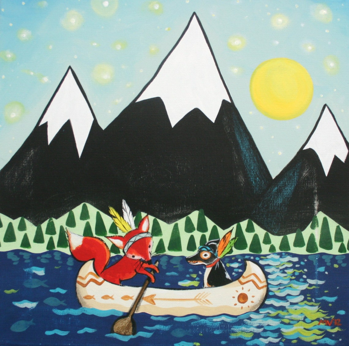 Fox And Dog Canoe Adventure Under Snowy Mountains Art Poster