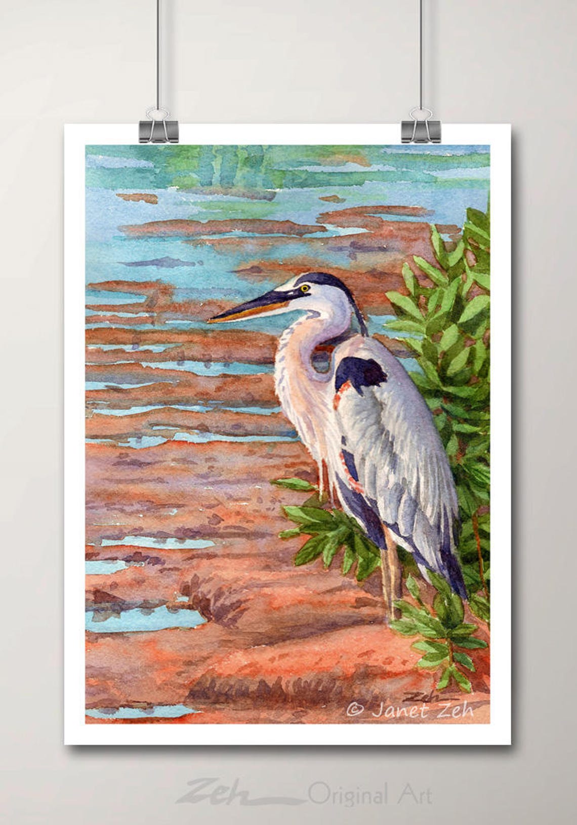 Great Blue Heron Standing Water Edge Wetland Watercolor Bird Poster
