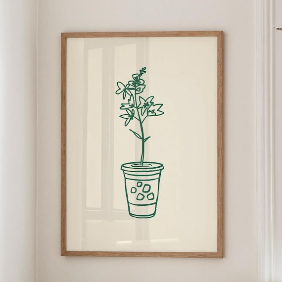 Green Matcha Flower Line Drawing Plant Growing From Iced Cup Poster