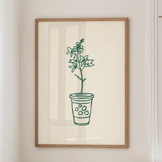 Matcha Flower Print Iced Coffee Plant Poster Minimalist Neutral Kitchen Decor Digital Download