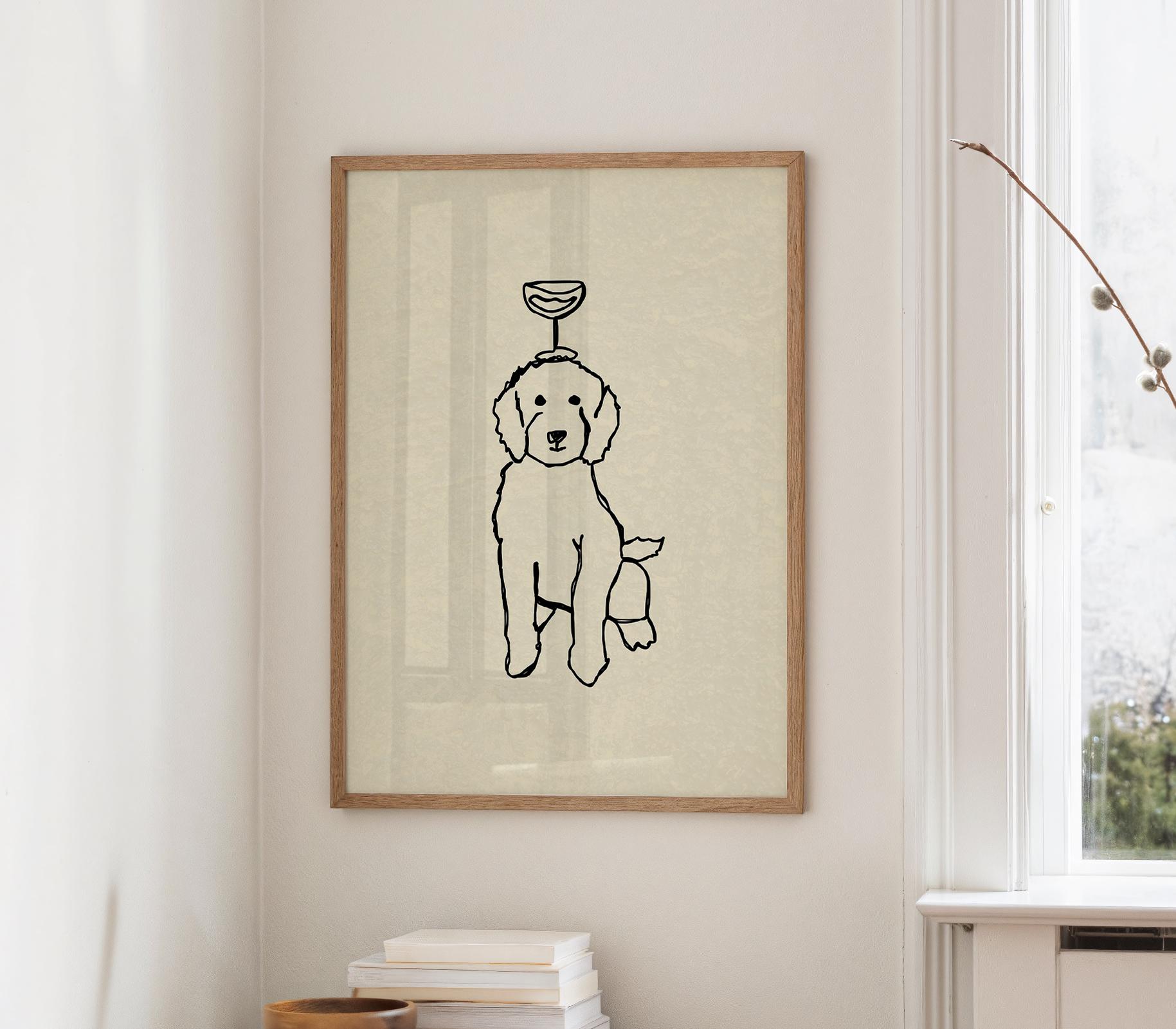 Dog Balancing a Cocktail Glass Line Art Poster Minimalist Dog Lover Wall Decor