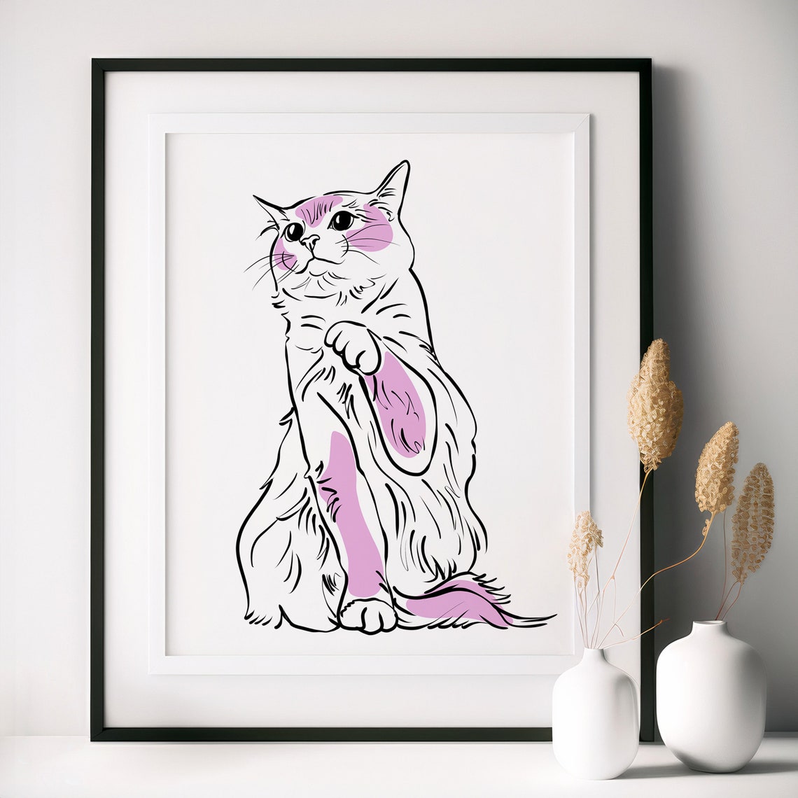 Fluffy Longhaired Cat Purple Shading Minimalist Line Art Poster