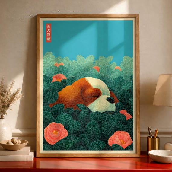 Japandi Cavalier Spaniel Print Japanese Wall Art Sleeping Dog Poster Camellia Flowers
