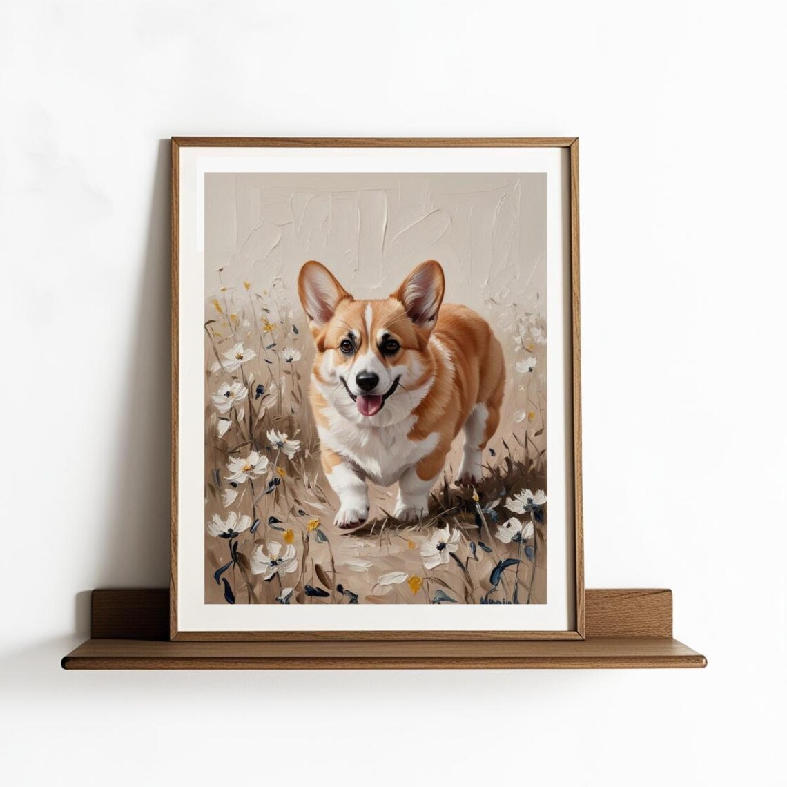 Happy Corgi Puppy Running Through Wildflowers Oil Painting Print
