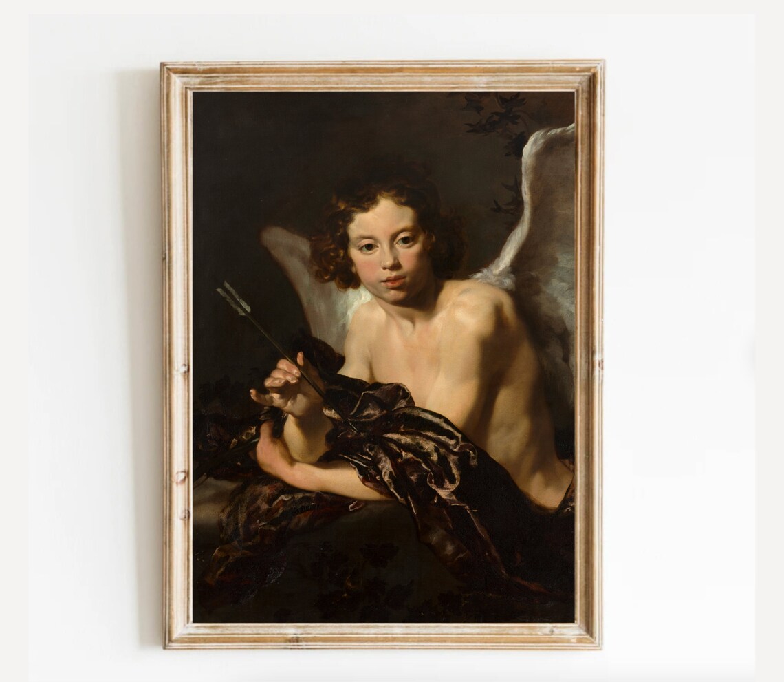 Cupid With Arrow Art Print Wall Art Cupid Of Love Cute Angel Bow And Arrow Romantic Painting Greco Roman Vintage Valentine