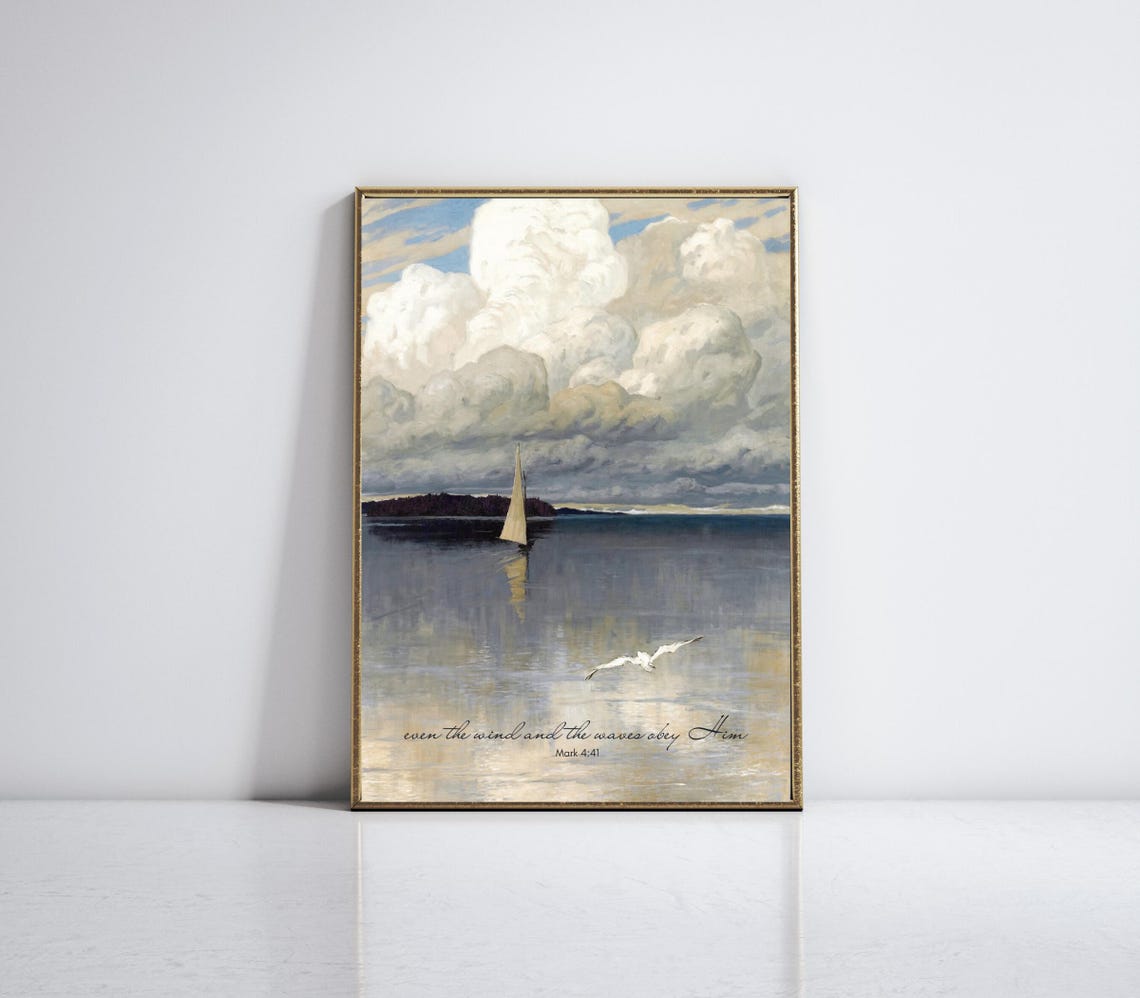 Peaceful Sailboat Seascape With Bible Verse Mark 4 41 Poster