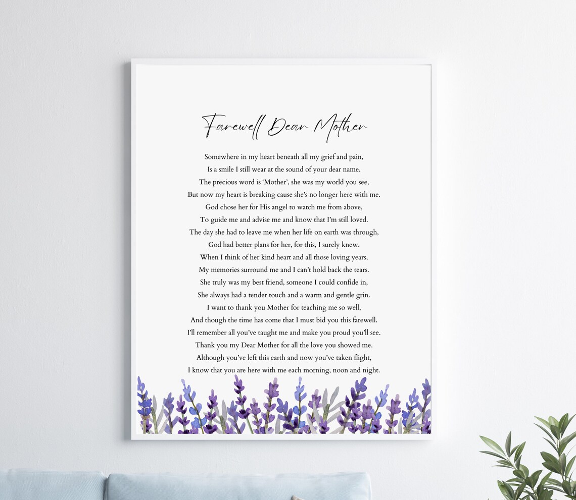 Farewell Dear Mother Lavender Watercolor Botanical Memorial Poster