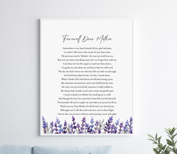 Farewell Dear Mother Lavender Watercolor Botanical Memorial Poster