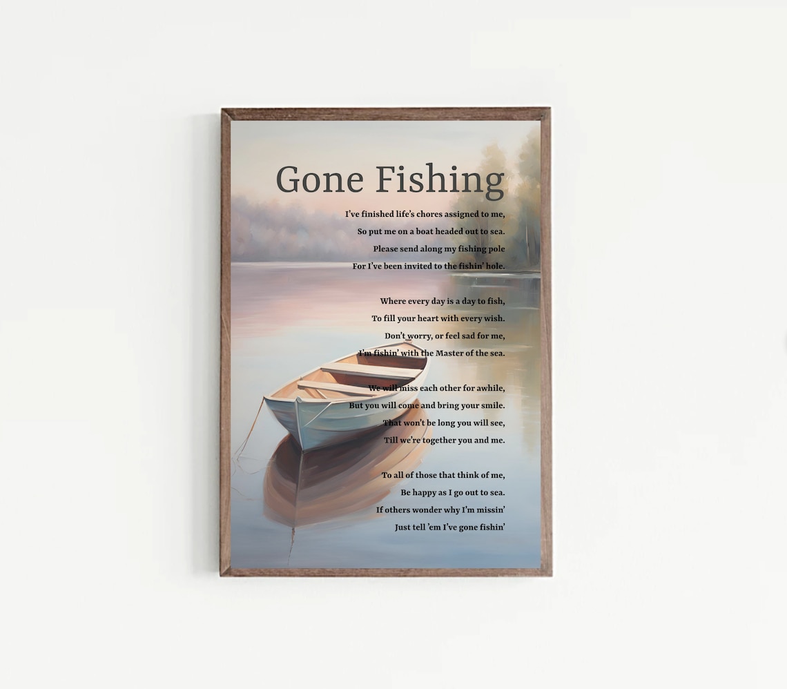 Gone Fishing Serene Lake Boat Watercolor Memorial Poem Poster - Image 2