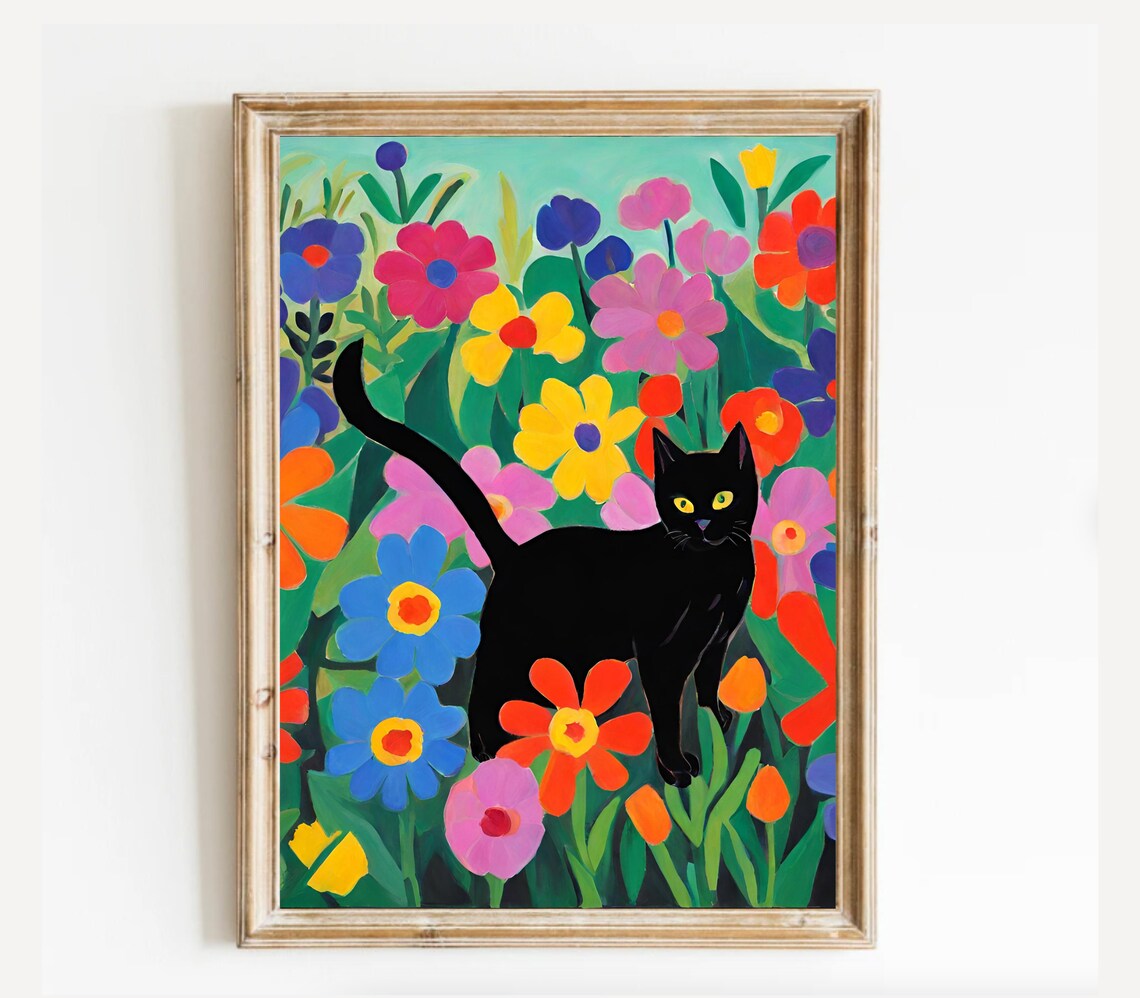 Henri Matisse Inspired Black Cat in Colorful Flower Garden Art Print