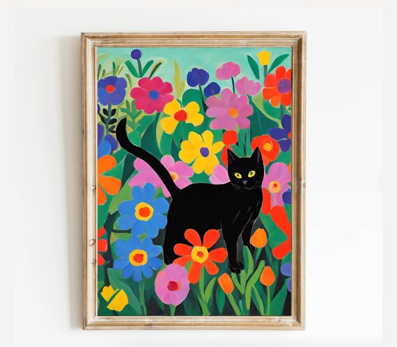 Henri Matisse Inspired Black Cat in Colorful Flower Garden Art Print