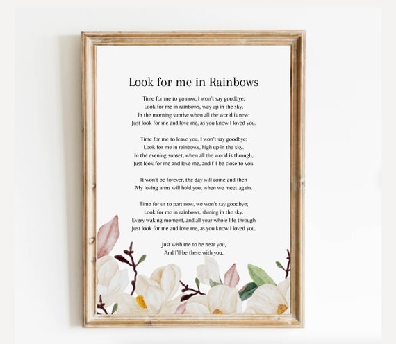Look For Me In Rainbows Funeral Poem Memorial Gift Loved One Sympathy Gift Funera Print Grief Bereavement Instant