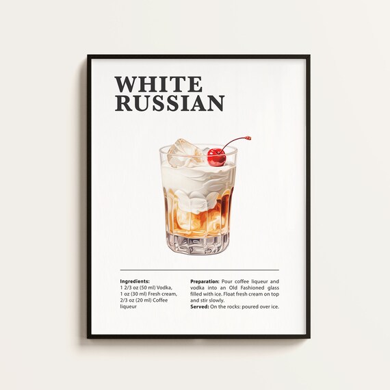 White Russian Recipe Cocktail Art Print, Bar Kitchen