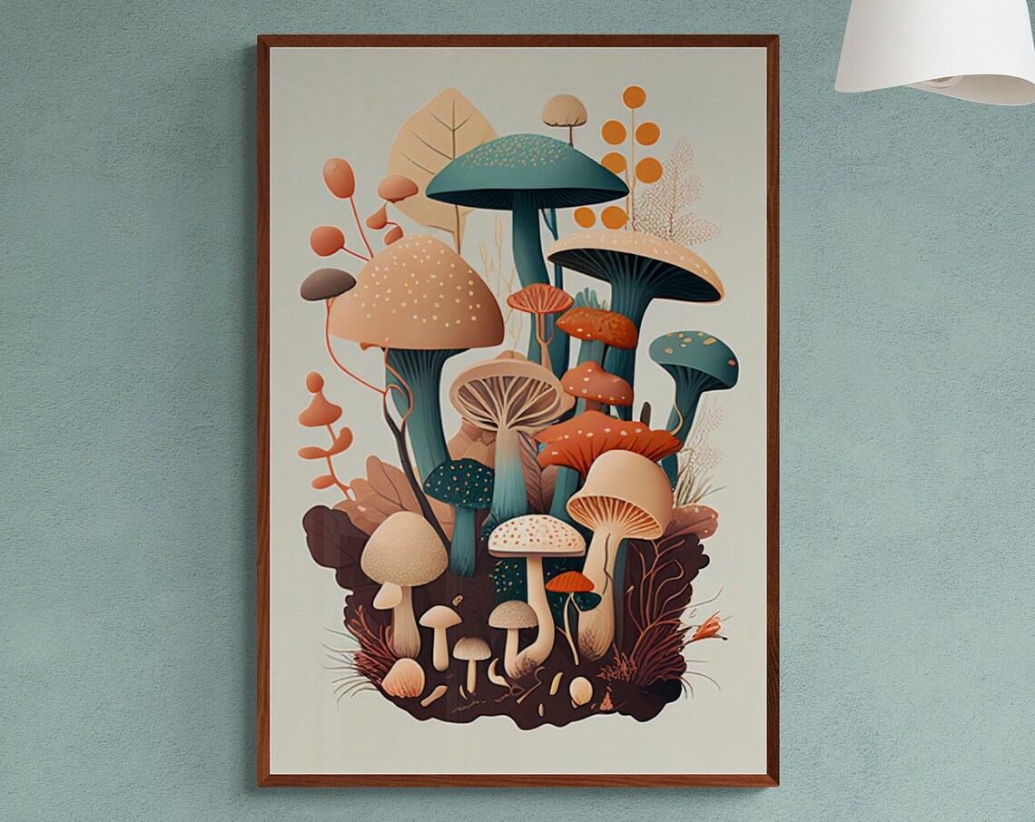 Teal And Rust Mushroom Botanical Mid Century Modern Art Poster