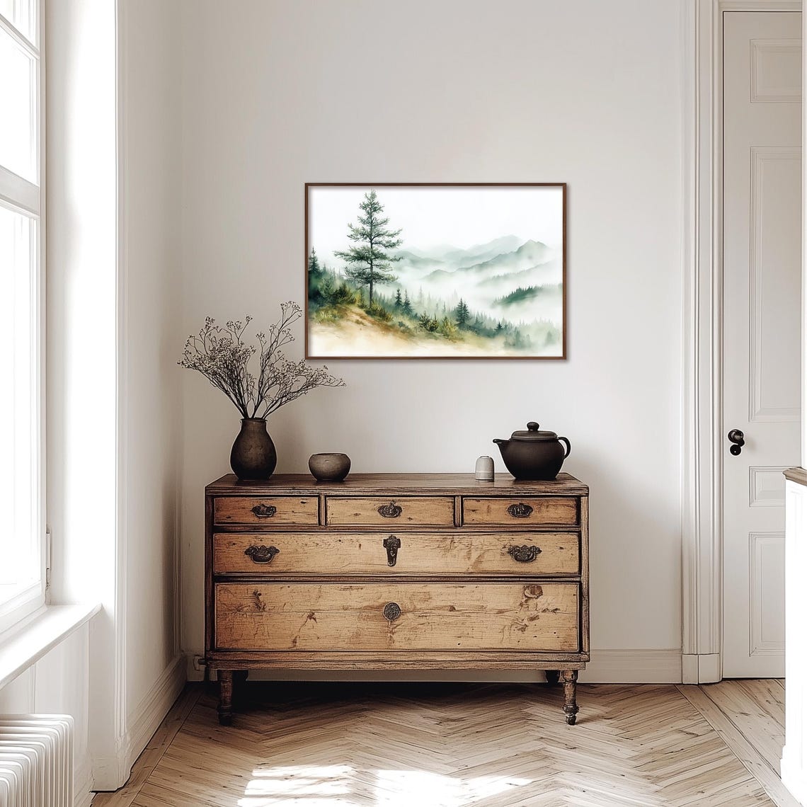 Misty Mountain Pine Forest in Soft Watercolor Greens Art Poster - Image 3