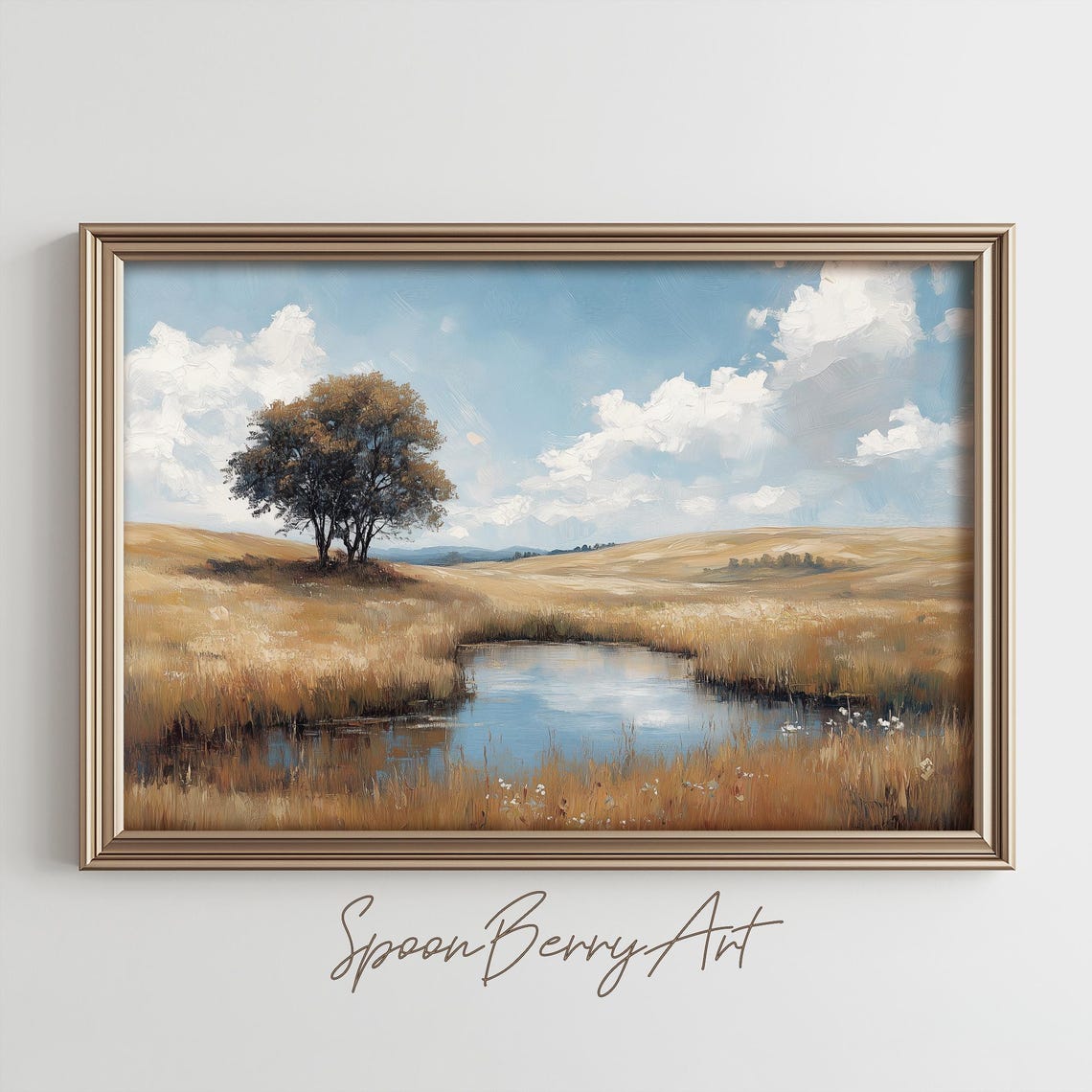 Tree by a Quiet Pond in a Golden Field Blue Sky Landscape Poster