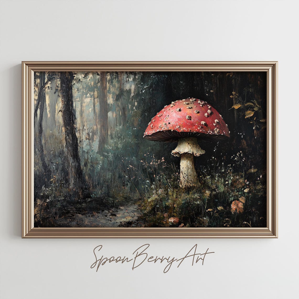 Red Fly Agaric Mushroom Growing In Dark Misty Forest Scene Poster