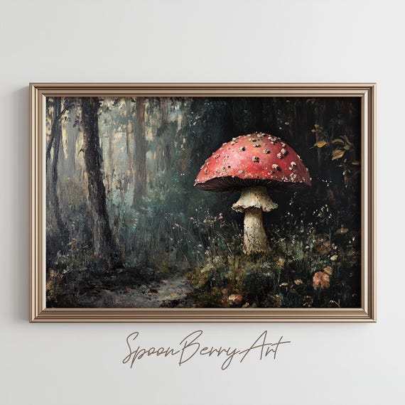 Mushroom Painting Vintage Mushroom Wall Print Toad Stool Print Wall Decor Mushroom Wall Art Moody Oil Painting Art