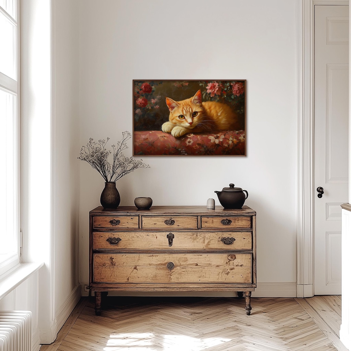 Orange Tabby Cat Lounging on Floral Cushion Moody Vintage Poster - Image 3