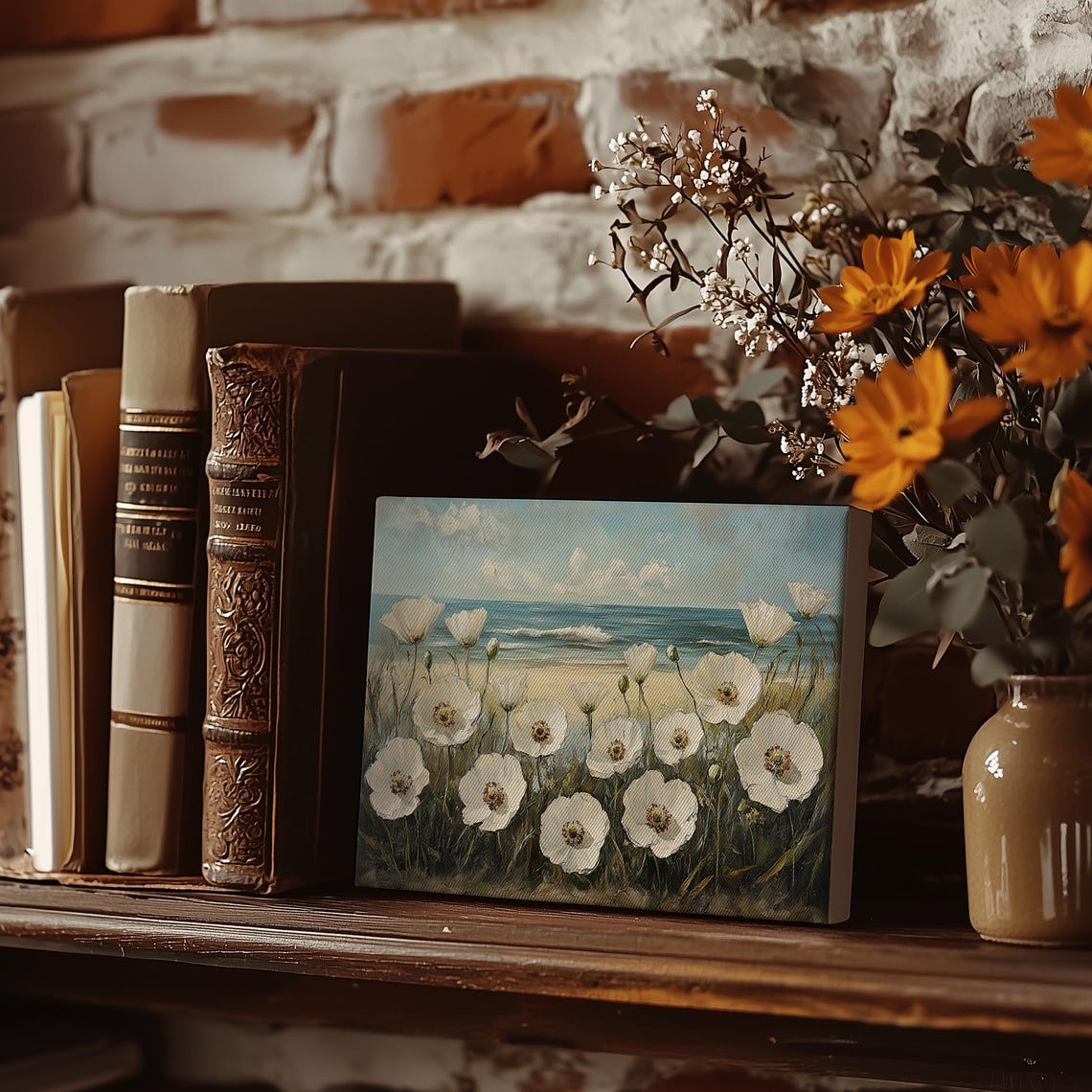 White Poppies Blooming On Sandy Beach With Ocean Waves Poster - Image 3