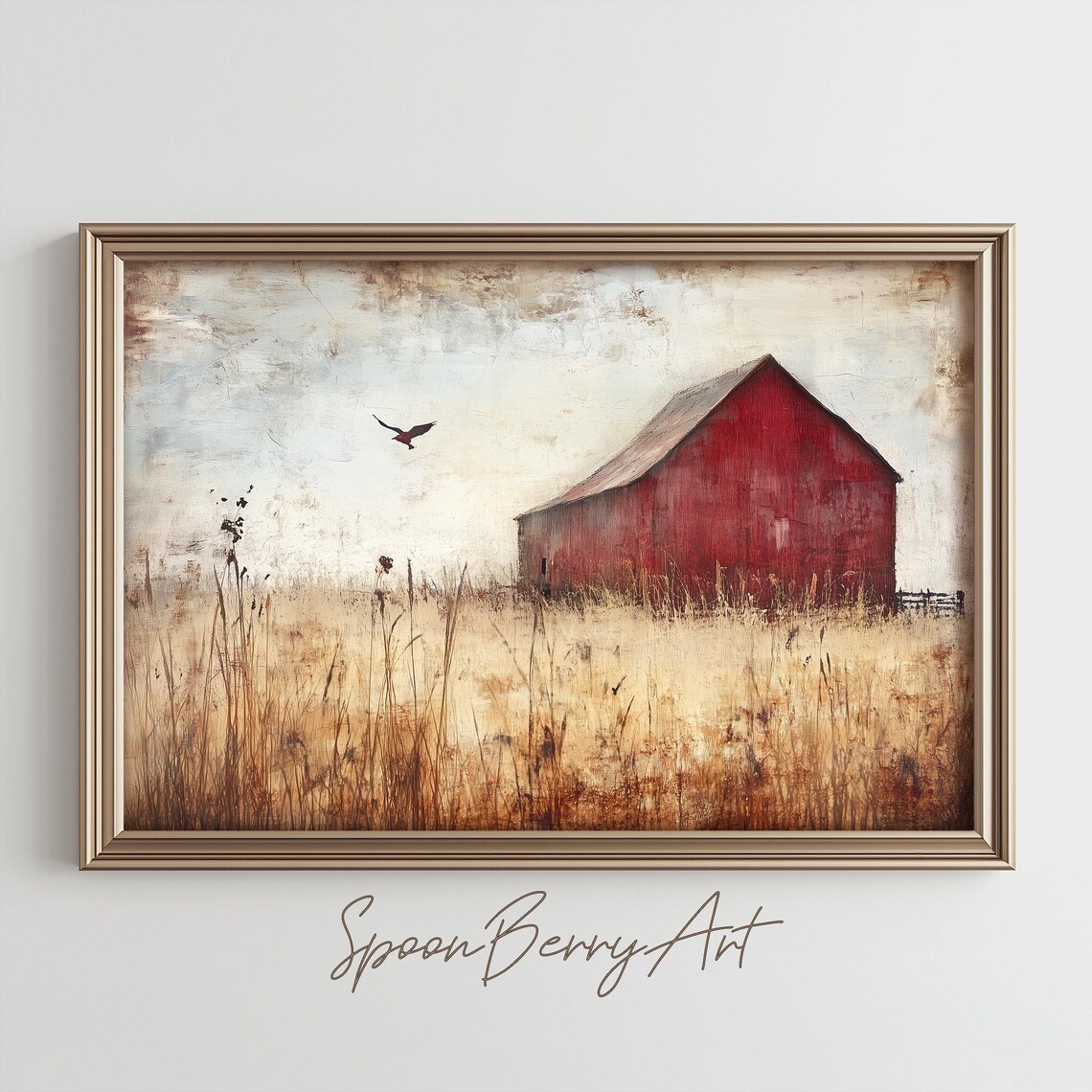 Old Red Barn in Golden Wheat Field Solitary Crow Farm Poster