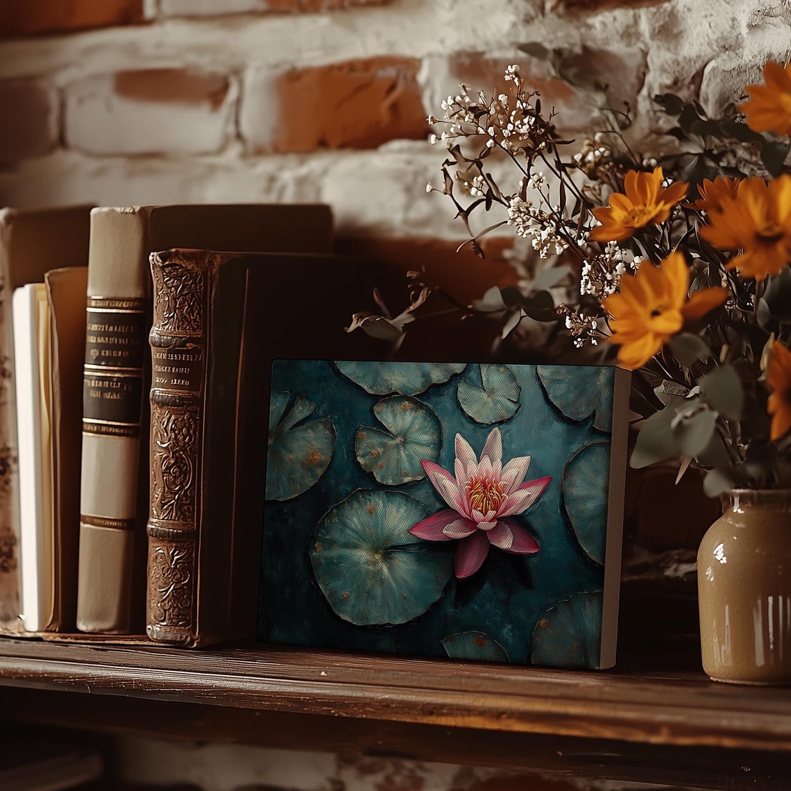 Magenta Water Lily Floating On Dark Teal Pond Above View Poster - Image 5