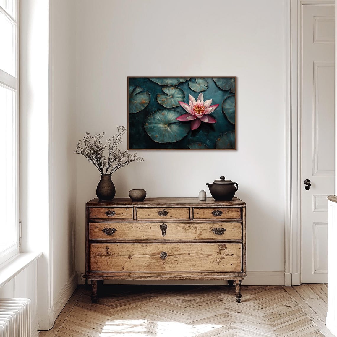 Magenta Water Lily Floating On Dark Teal Pond Above View Poster - Image 4