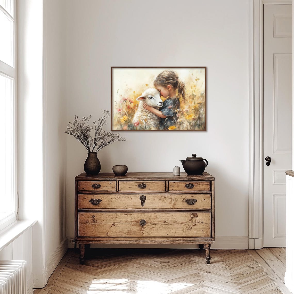 Little Girl Hugging A Lamb In Wildflower Meadow Painting Poster - Image 4