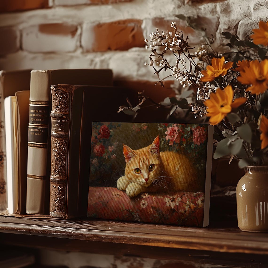Orange Tabby Cat Lounging on Floral Cushion Moody Vintage Poster - Image 5