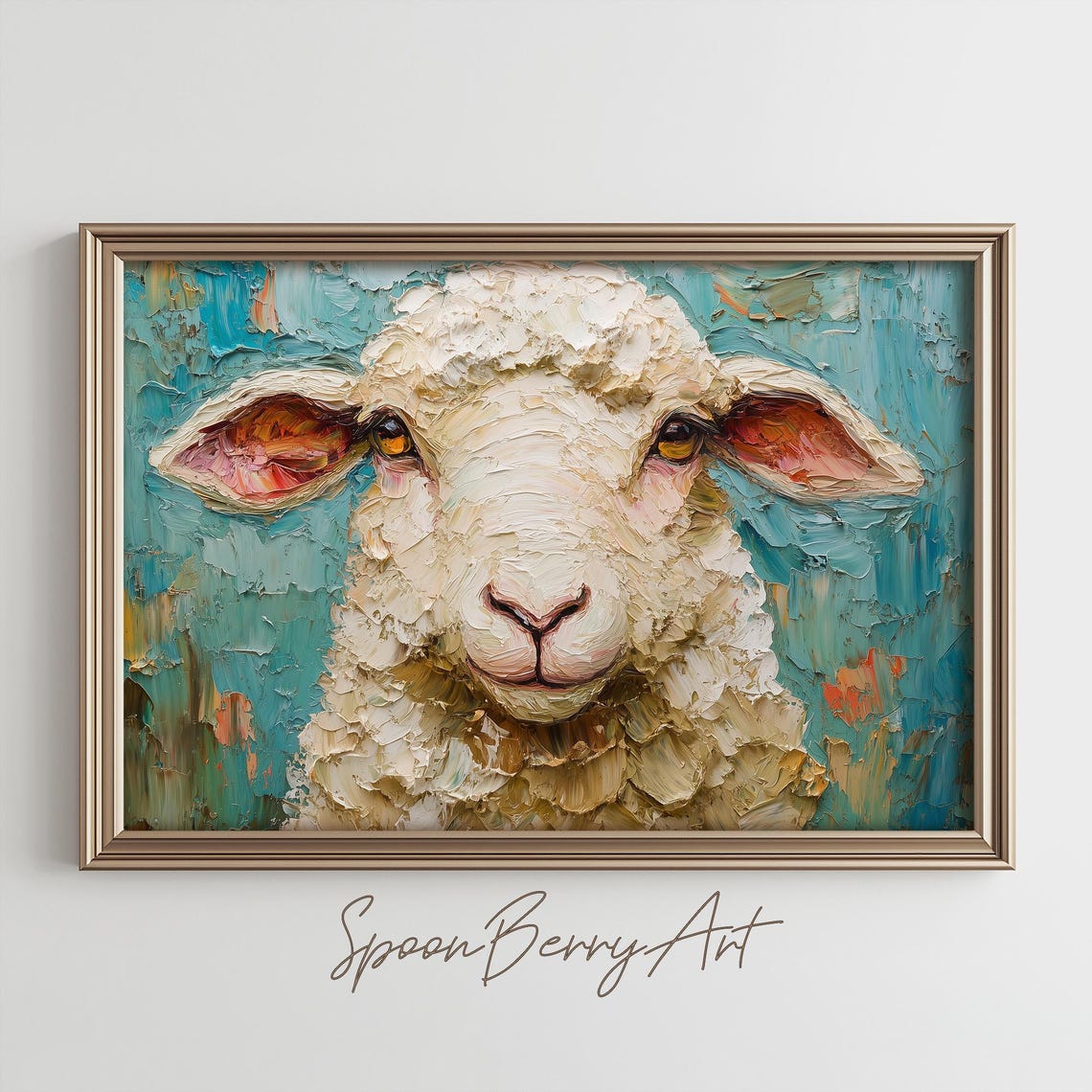 Smiling Sheep Face In Impasto On Turquoise Background Poster