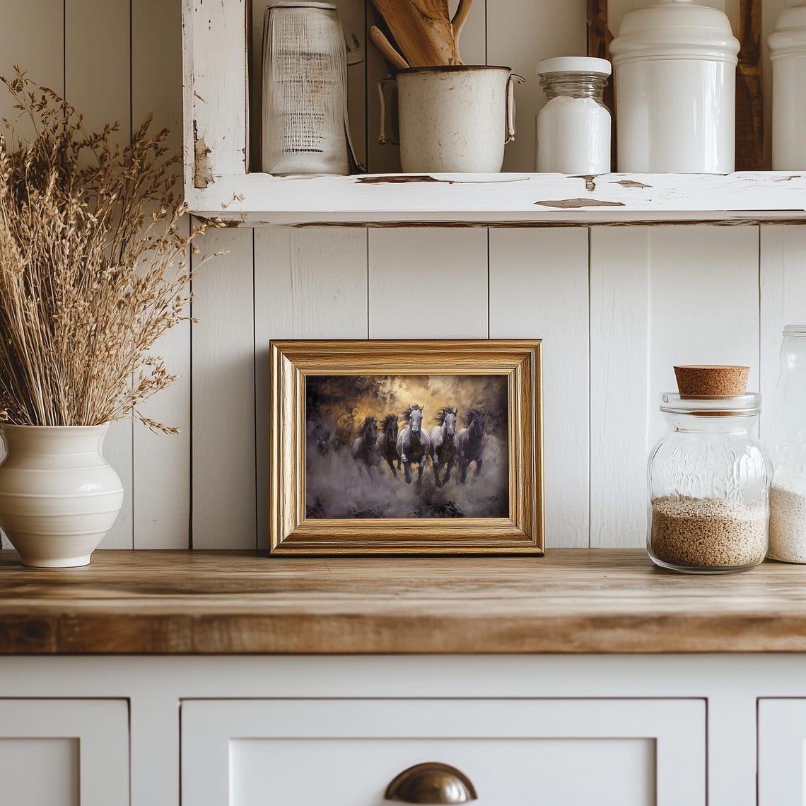 Five Galloping Horses Stampede Through Dramatic Golden Dust Poster - Image 3