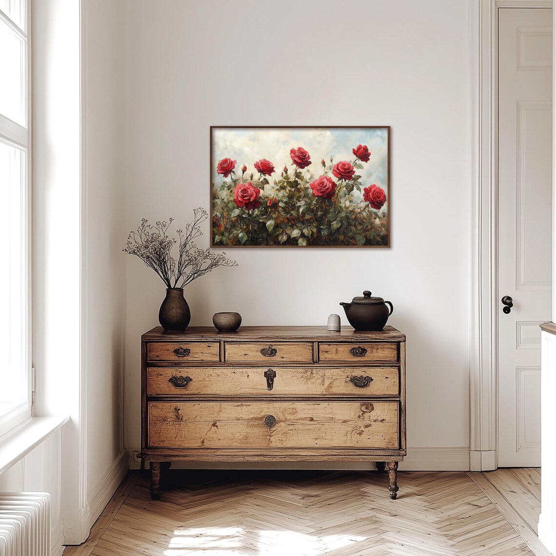 Red Roses Painting Vintage Flowers Wall Print Rose Bush Print Wall Decor Floral Wall Art Dark Moody Oil Painting Art - Image 4