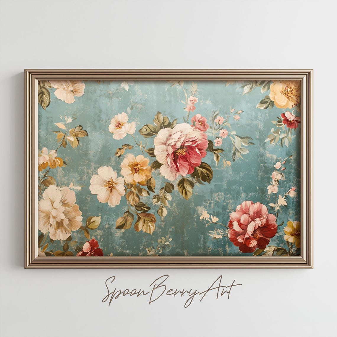 Vintage Teal Floral Pattern Blush Pink Peony Botanical Wall Art