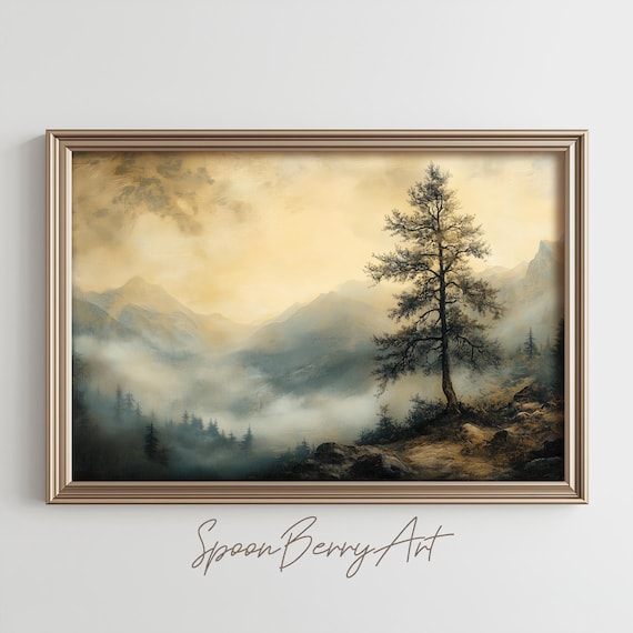Tree Painting Impressionist Landscape Wall Prints Nature Print Wall Decor Mountain Wall Art Moody Oil Painting Art