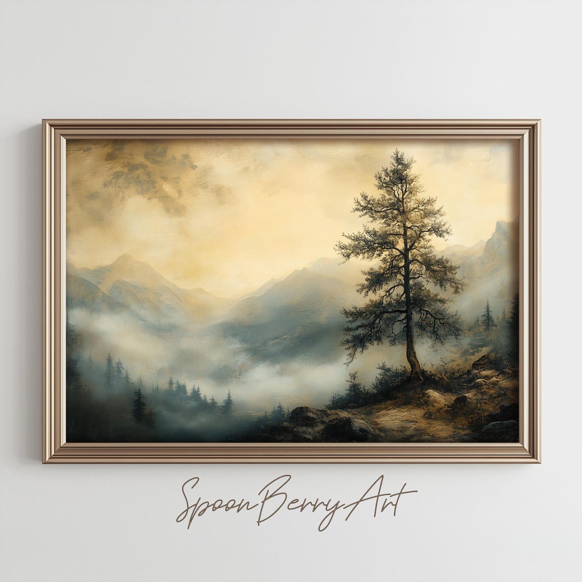 Misty Mountain Valley Lone Pine Tree Atmospheric Morning Poster