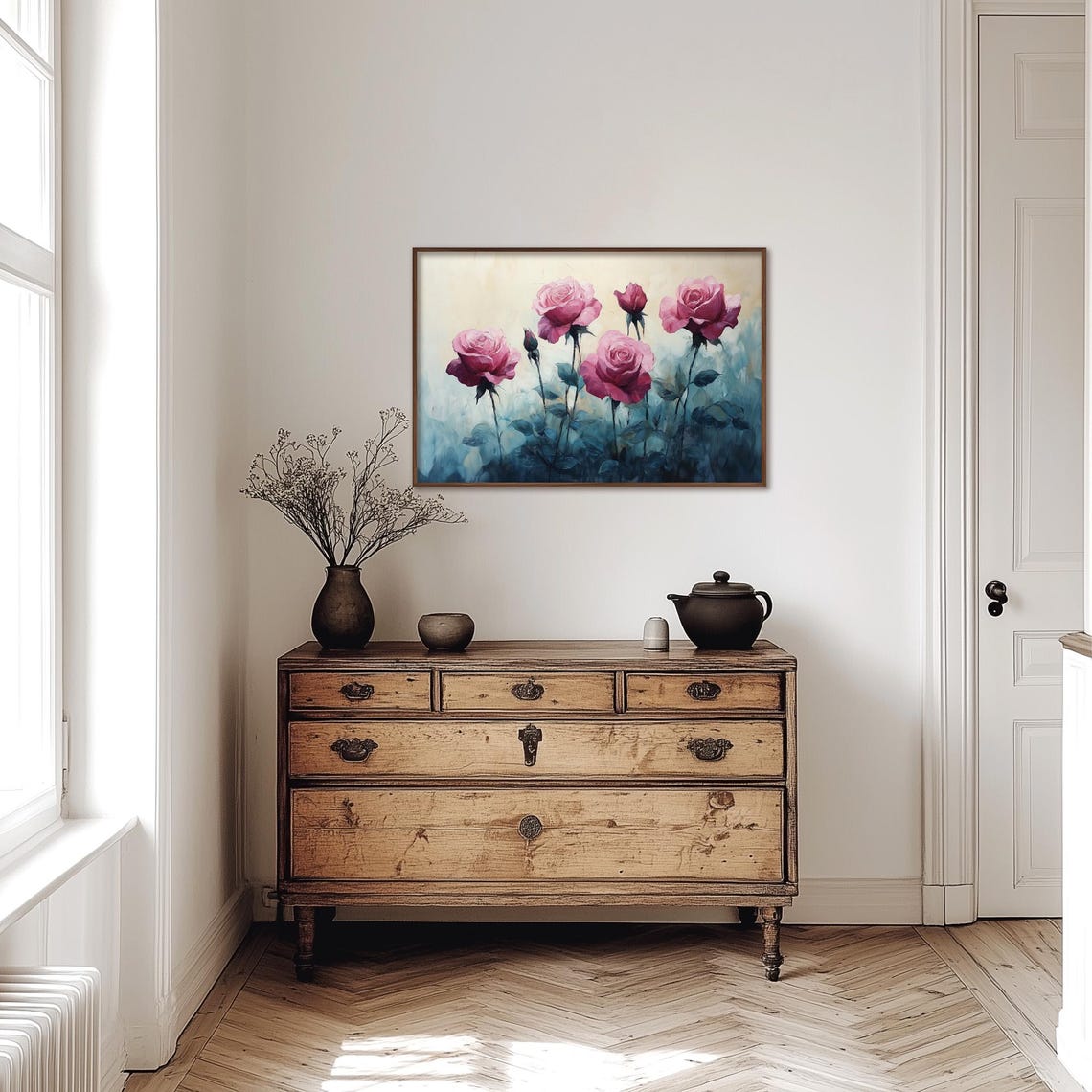 Pink Garden Roses Blooming Against Teal Blue Watercolor Sky Poster - Image 3