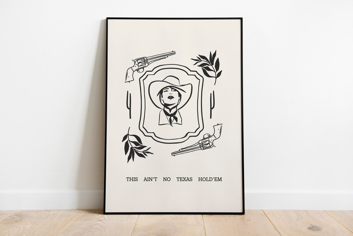 Cowgirl Texas Holdem Western Revolver Cactus Line Art Poster