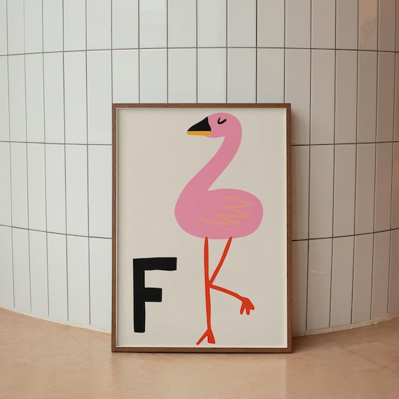 Cute Pink Flamingo Letter F Alphabet Kids Nursery Decor Poster