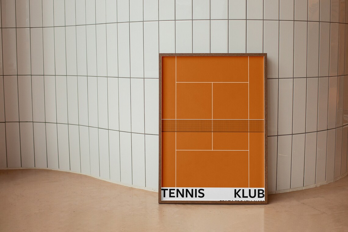 Tennis Klub Minimalist Orange Court Line Art Retro Sport Poster