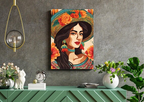 Mexican Woman Floral Sombrero Bold Folk Art Colorful Portrait Print