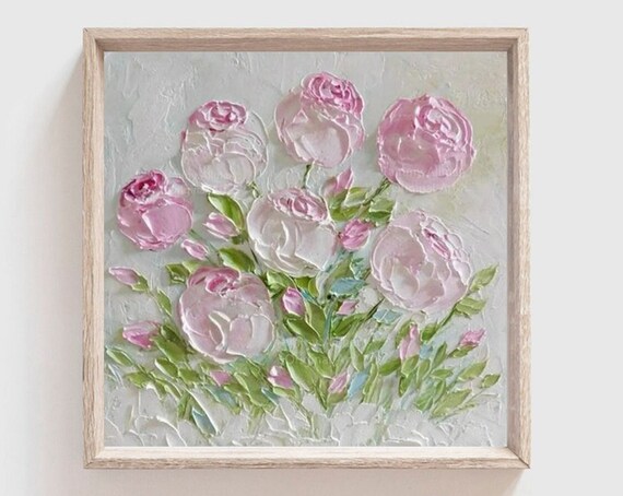 Custom Soft Peonies Oil Impasto Painting Cottage Decor Frame Not Included
