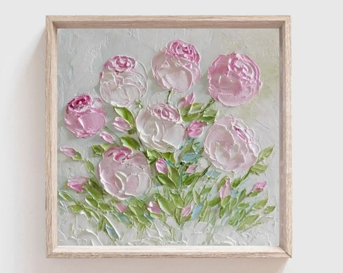 Custom Soft Peonies Oil Impasto Painting Cottage Decor Frame Not Included