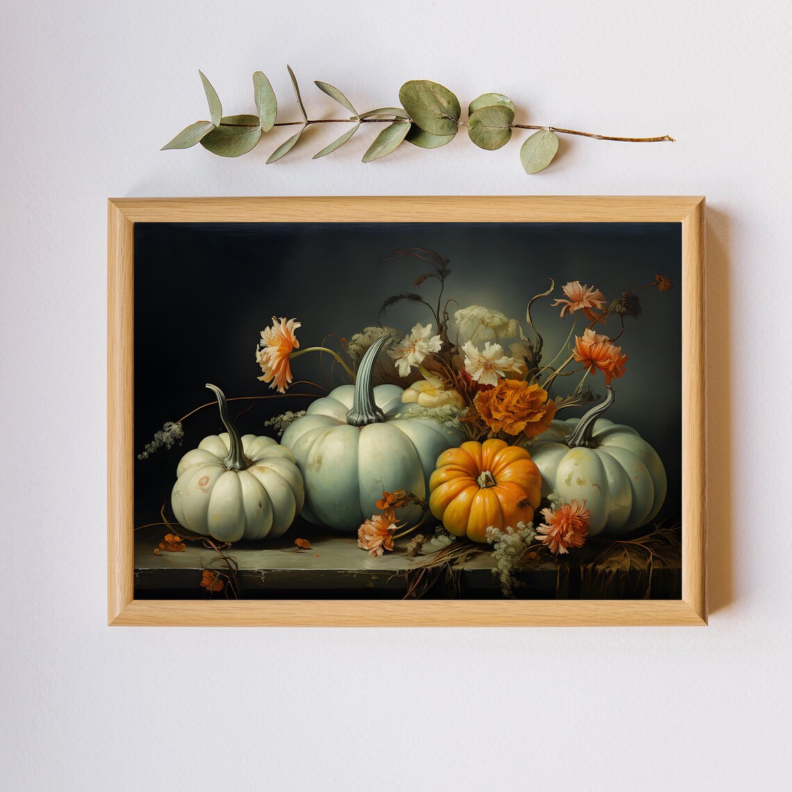 Moody Still Life With White Pumpkins And Autumn Flowers Wall Art - Image 2