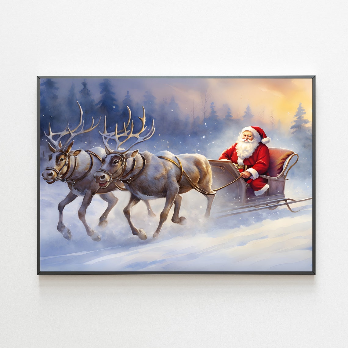 Santa In Reindeer Sleigh Racing Through Winter Sunset Poster