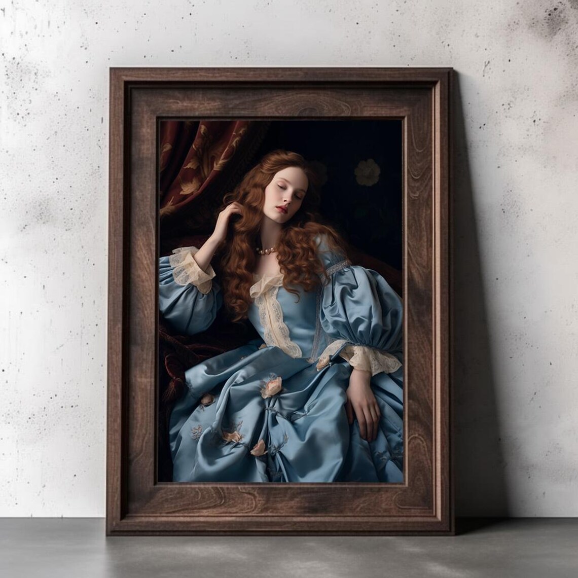 Elegant Auburn Lady In Blue Satin Baroque Gown Portrait Poster - Image 2